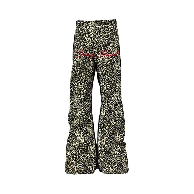 DETW豹纹双拼微喇牛仔裤