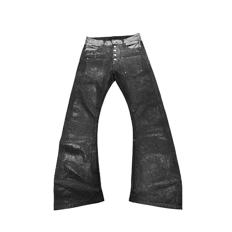 DETW"反转"窄版Skinny蛇纹烫金刷蜡五连扣双裤脚拼接弯刀牛仔裤