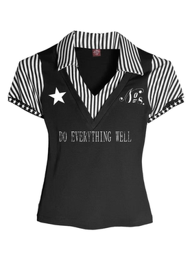 DETW 25ss*原创条纹V领千禧POLO衫假两件短款正肩收腰上衣辣妹女