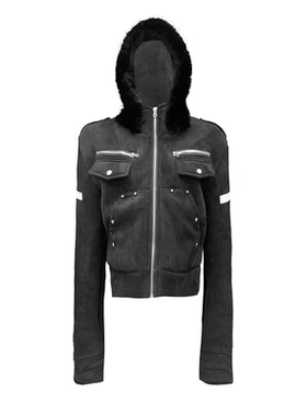 DETW 25AW*暗骑士系列十字架麂皮羊羔绒正肩短宽毛领连帽加厚卫衣