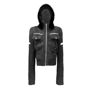 DETW 暗骑士系列十字架麂皮羊羔绒正肩短宽毛领连帽加厚卫衣 25AW