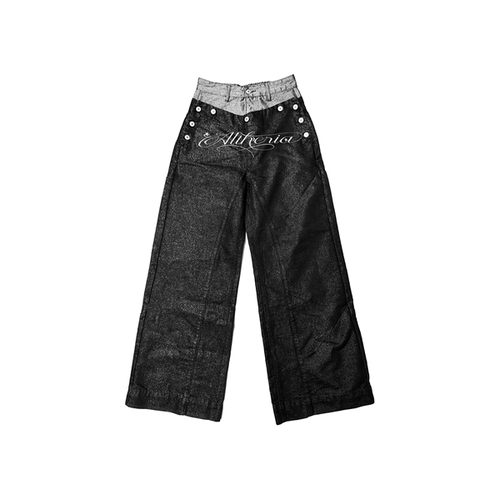 DETW刷蜡银拼接双腰直筒牛仔裤