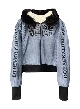 DETW 25AW*水洗做旧喷脏条纹长毛领羊羔绒连帽设计感高级加厚外套