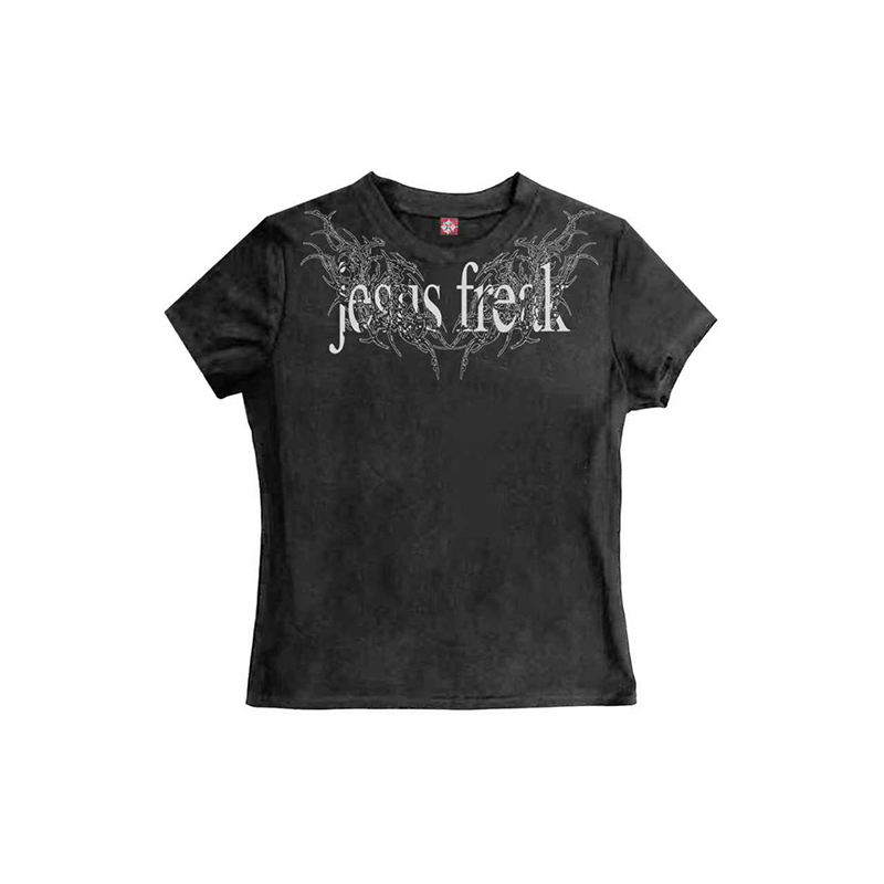 DETW"荆棘"哥特标语Logo数码定位印花正肩修身短袖圆领T恤男女