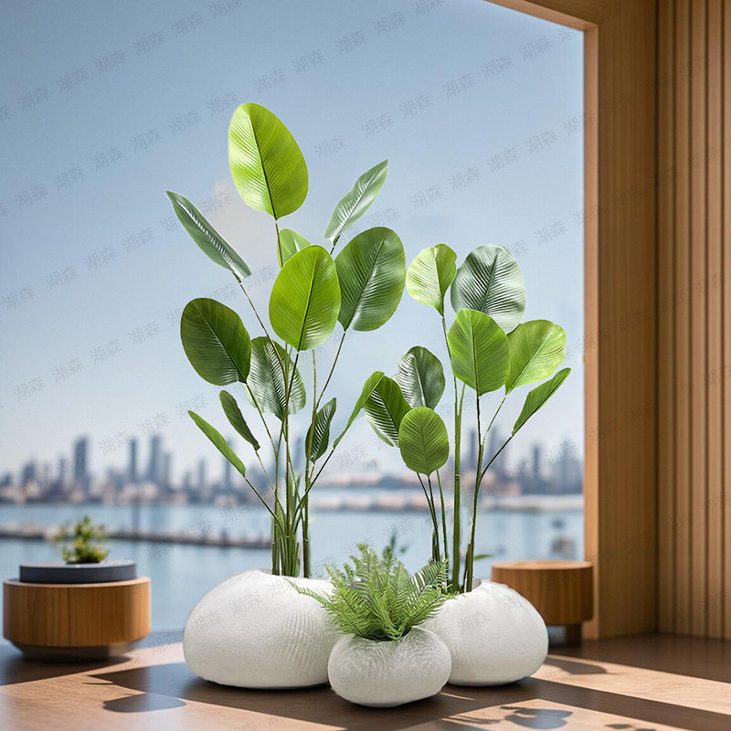 简约欧式落地花盆石头花器售楼部假树龟背竹芋树仿真花装饰工艺品