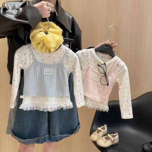 韩国女童小清新碎花打底蕾丝花边