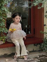 女童2025秋季新款韩版洋气花边领网纱拼接上衣喇叭裤两件套套装潮