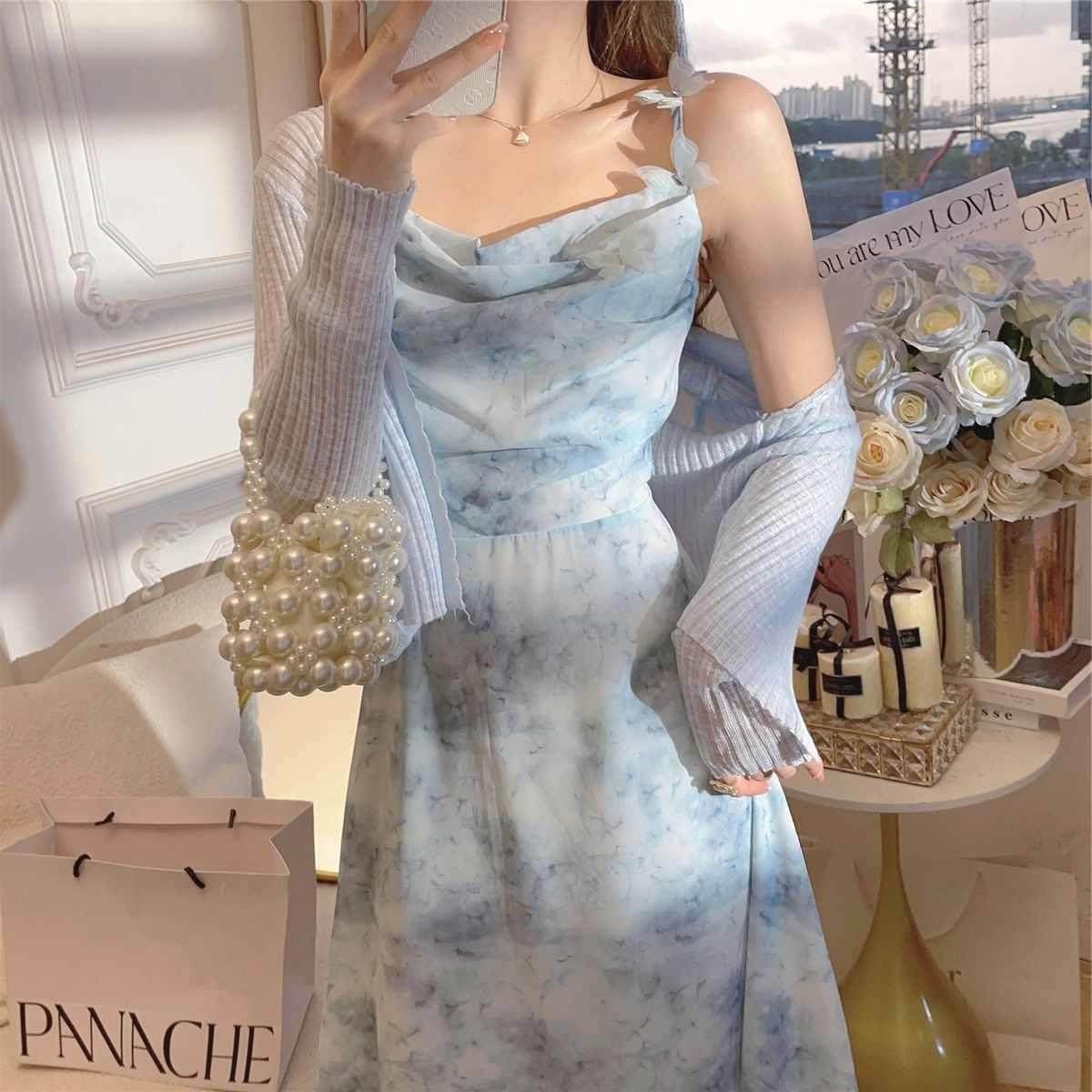 时尚潮流墨染蝶冀度假风碎花雪纺吊带裙套装女2025夏新款两件套