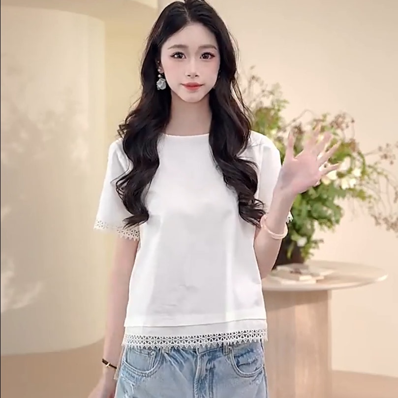 茶愫言同款简约文艺纯色蕾丝花边圆领纯棉短袖T恤上衣女2025夏新