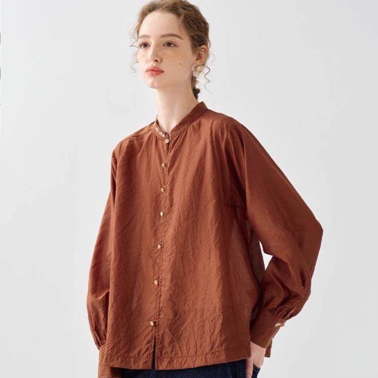 【基础衣橱】茶愫言同款刺绣花立领量感袖丝棉衬衫2025早秋新款女