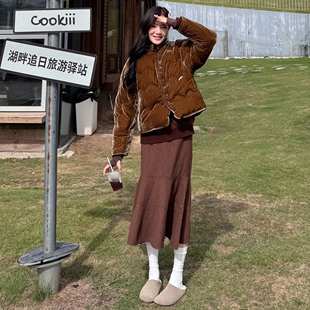 【复古美拉德】茶同款水波纹丝绒光泽感鸭绒羽绒服2026女冬季新