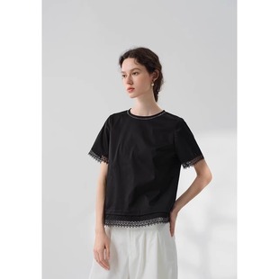 简约文艺纯色蕾丝花边圆领纯棉短袖 茶愫言同款 T恤上衣女2025夏新