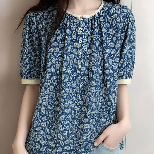 【海洋之花】茶家同款圆领收褶衬衫女泡泡袖印花上衣夏季新款