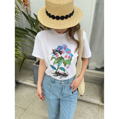 【玄猫牡丹】茶家同款趣味性花卉彩色印花短袖T恤2026夏新品女