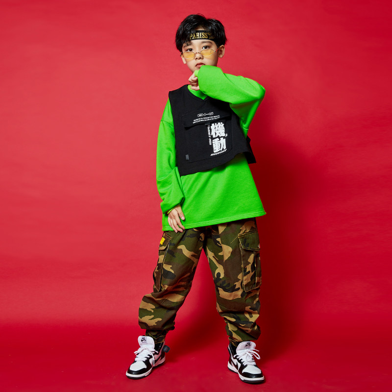 嘻哈儿童街舞服套装男童poping演出服潮女童迷彩长裤爵士舞蹈表演