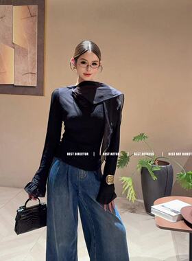 欧洲站V+.com25秋季新款时尚气质百搭飘带拼接显瘦长袖T恤 打底衫