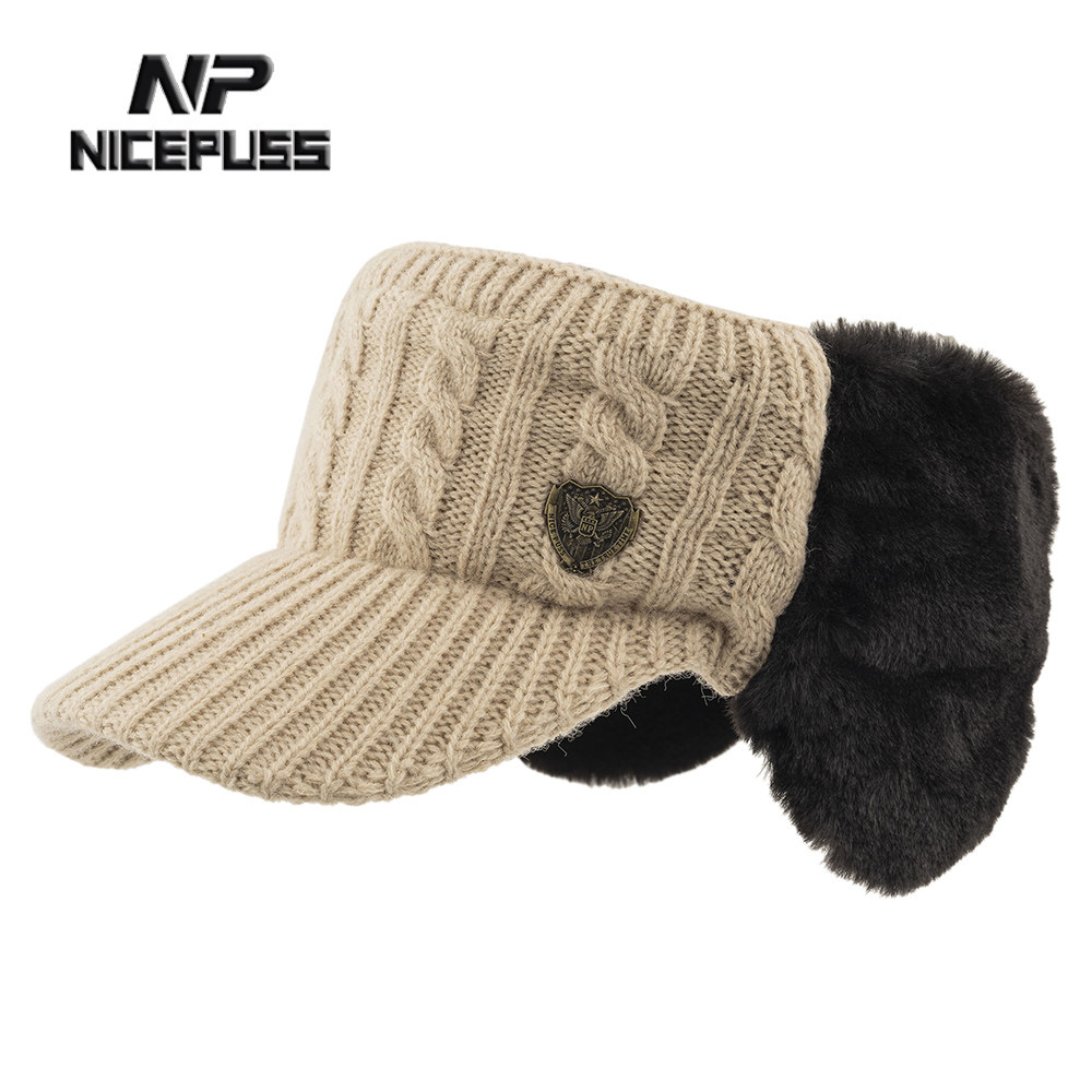 羊毛帽子女秋冬百搭鸭舌帽保暖护耳空顶毛线帽加绒加厚耳罩防寒帽
