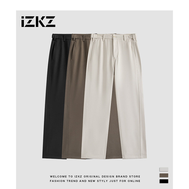 izkz毛呢休闲裤子男款秋冬新款高级男式保暖纯色加厚秋装直筒裤