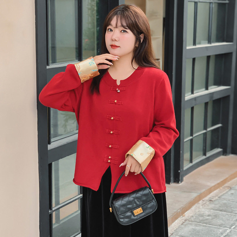 大码女装气质新中式国风外套女红色上衣2026春款胖mm针织衫22115