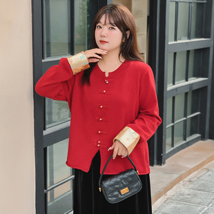 大码女装气质新中式国风外套女红色上衣2026春款胖mm针织衫22115