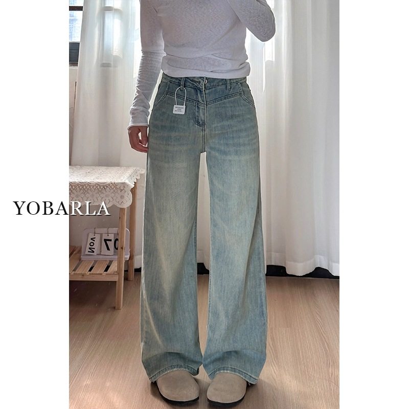 浅色阔腿牛仔裤女梨形身材冬季加绒加厚胖mm大码宽松显瘦直筒裤子