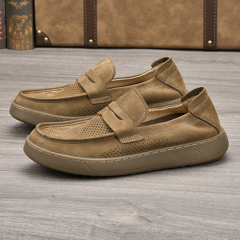 男款打孔透气乐福鞋新款一脚蹬休闲皮鞋头层牛皮豆豆鞋软皮皮鞋