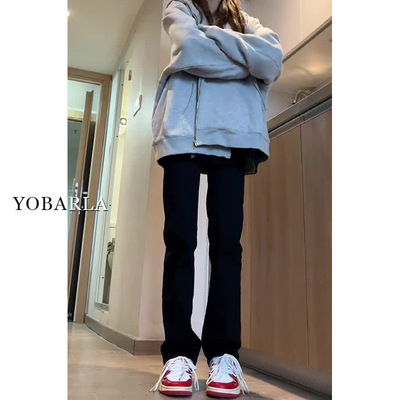 弹力黑色牛仔裤女春季新款大码胖mm高腰显瘦直筒梨型身材长裤子