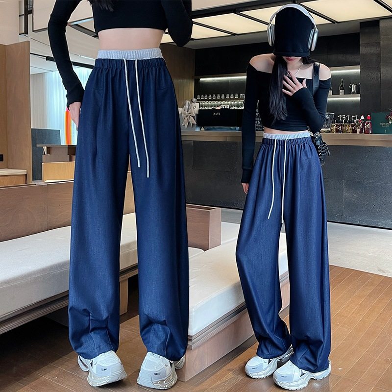松紧腰天丝阔腿牛仔裤女宽松垂感夏季薄款显瘦直筒裤冰丝拖地