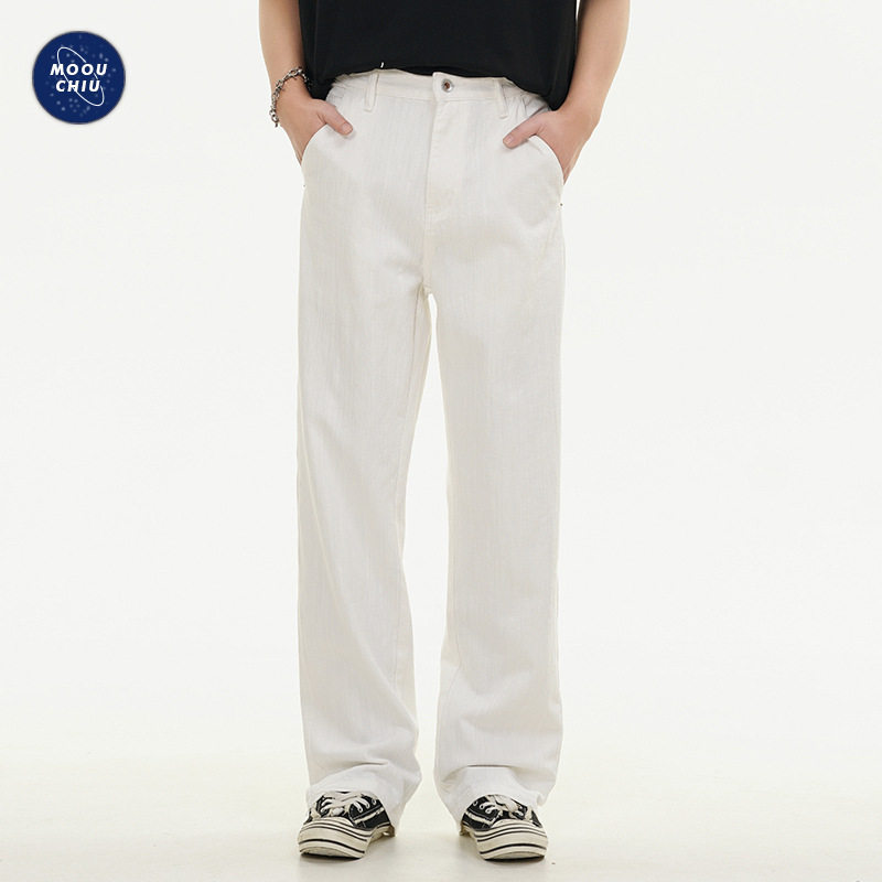 沐丘男装∣肌理感直筒白色牛仔裤男vibe风美式高街宽松垂感阔腿裤