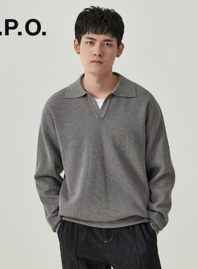 apo男装|毛衣男生宽松翻领长袖针织衫男士秋冬季新款感打底衫