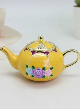 珐琅彩合金花朵茶壶摆件ins风轻奢装饰品客厅茶几艺术工艺品
