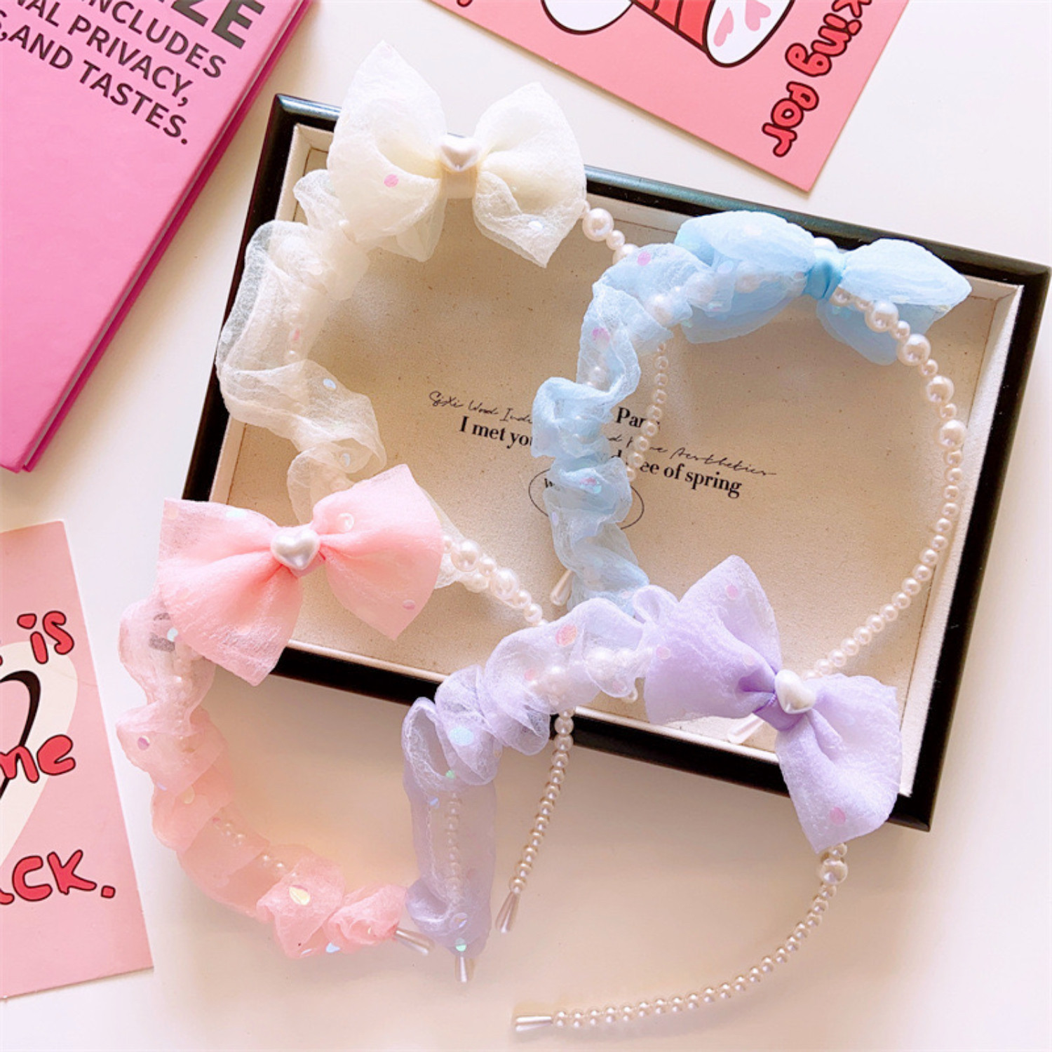 韩版新款儿童春日基础光版珍珠发箍亲子款蝴蝶结淑女风头扣头箍