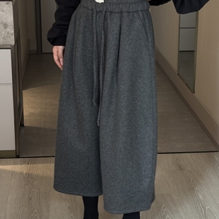 欧货高端加绒羊毛呢八分阔腿裤女2025秋冬宽松显瘦高腰直筒休闲裤