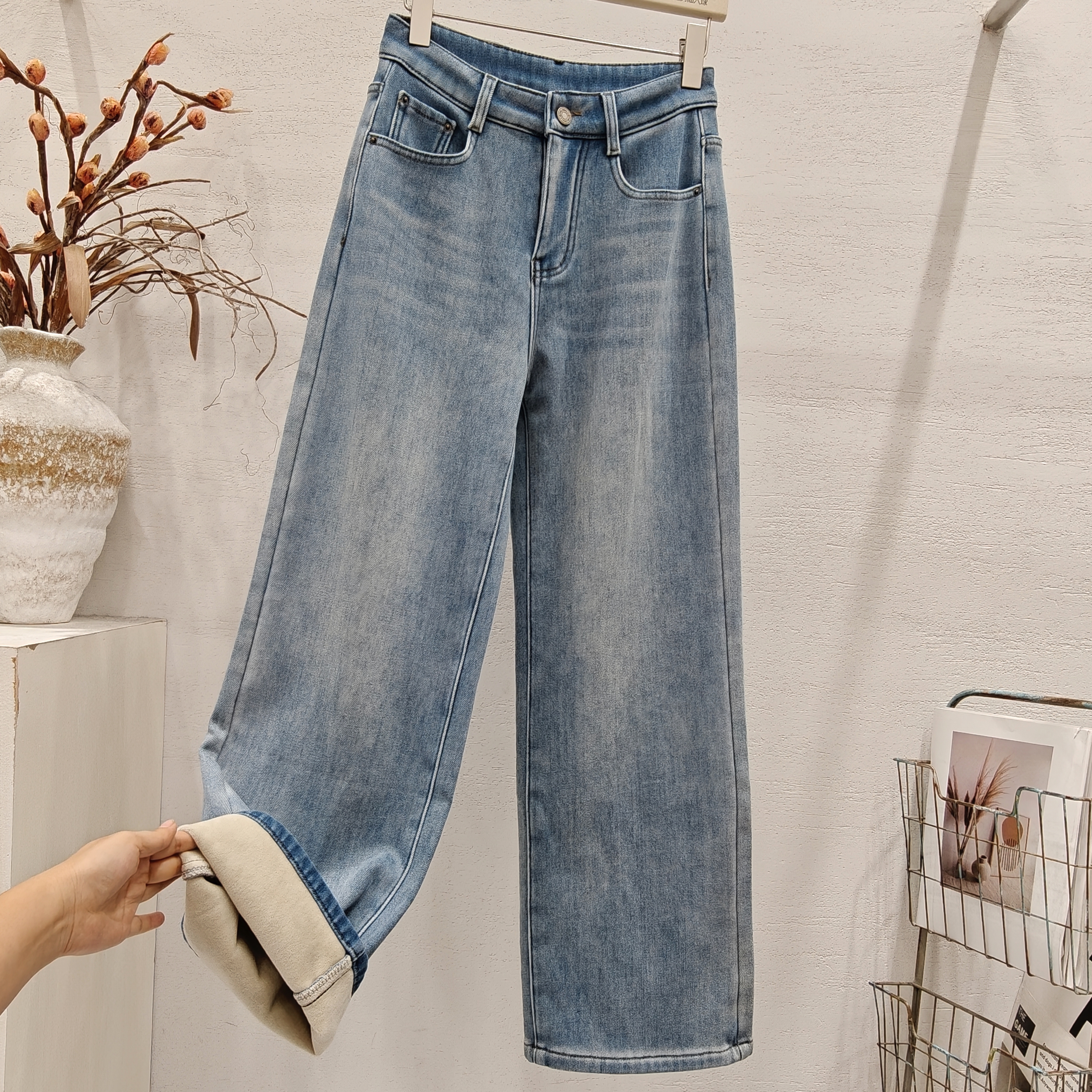厚显瘦窄版阔腿裤浅蓝牛仔裤女