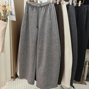潮 女休闲长裤 高端欧货2025冬季 慵懒宽松加绒加厚羊毛呢弯刀阔腿裤