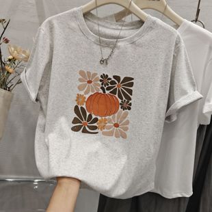 T恤女2025夏季 韩系刺绣南瓜印花小众休闲减龄显瘦纯棉短袖 上衣潮