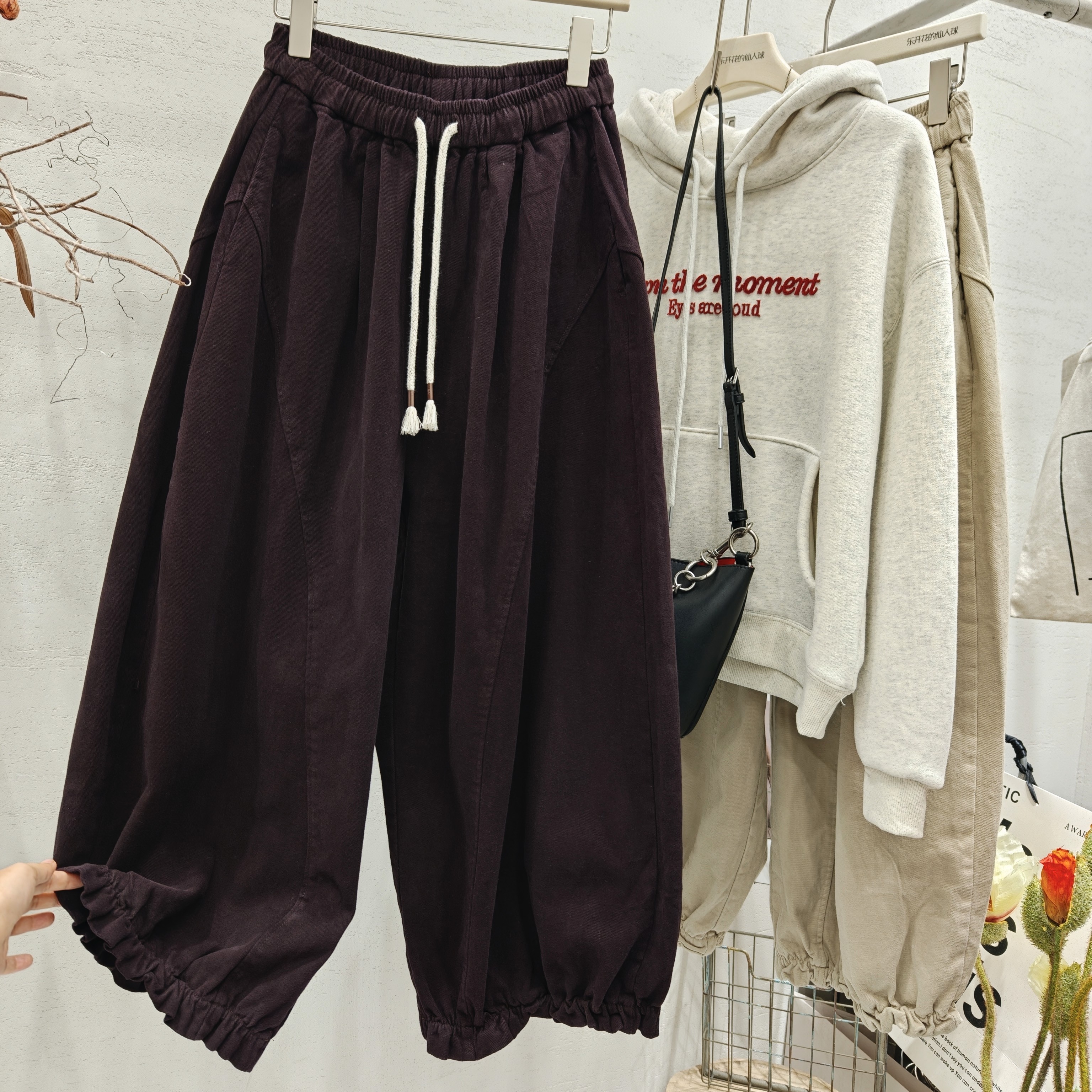 SY思颖日系磨毛加绒宽松时髦花边休闲裤女2025秋冬阔腿裤灯笼裤潮