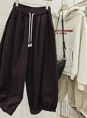 SY思颖日系磨毛加绒宽松时髦花边休闲裤女2025秋冬阔腿裤灯笼裤潮