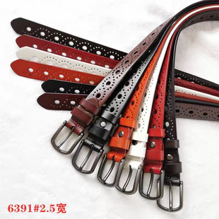 宽2.3cm 女士头层牛皮腰带镂空针扣百搭简约文艺真皮皮带6391