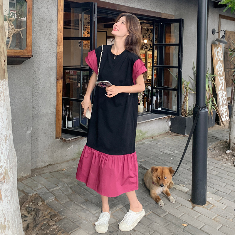 法式休闲气质设计感撞色连衣裙夏季中长款玫红色显瘦女T恤鱼尾裙,女装连衣裙,2C201