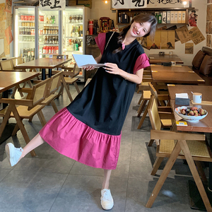 法式休闲气质设计感撞色连衣裙夏季中长款玫红色显瘦女T恤鱼尾裙图片