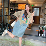小众设计牛仔拼接连衣裙女夏季2025新款个性印花宽松假两件T恤裙，女装连衣裙，2C201