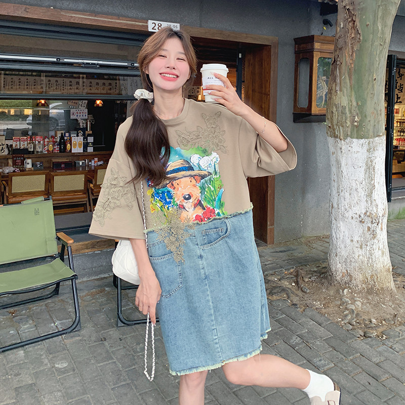 小众设计牛仔拼接连衣裙女夏季2025新款个性印花宽松假两件T恤裙,女装连衣裙,2C201