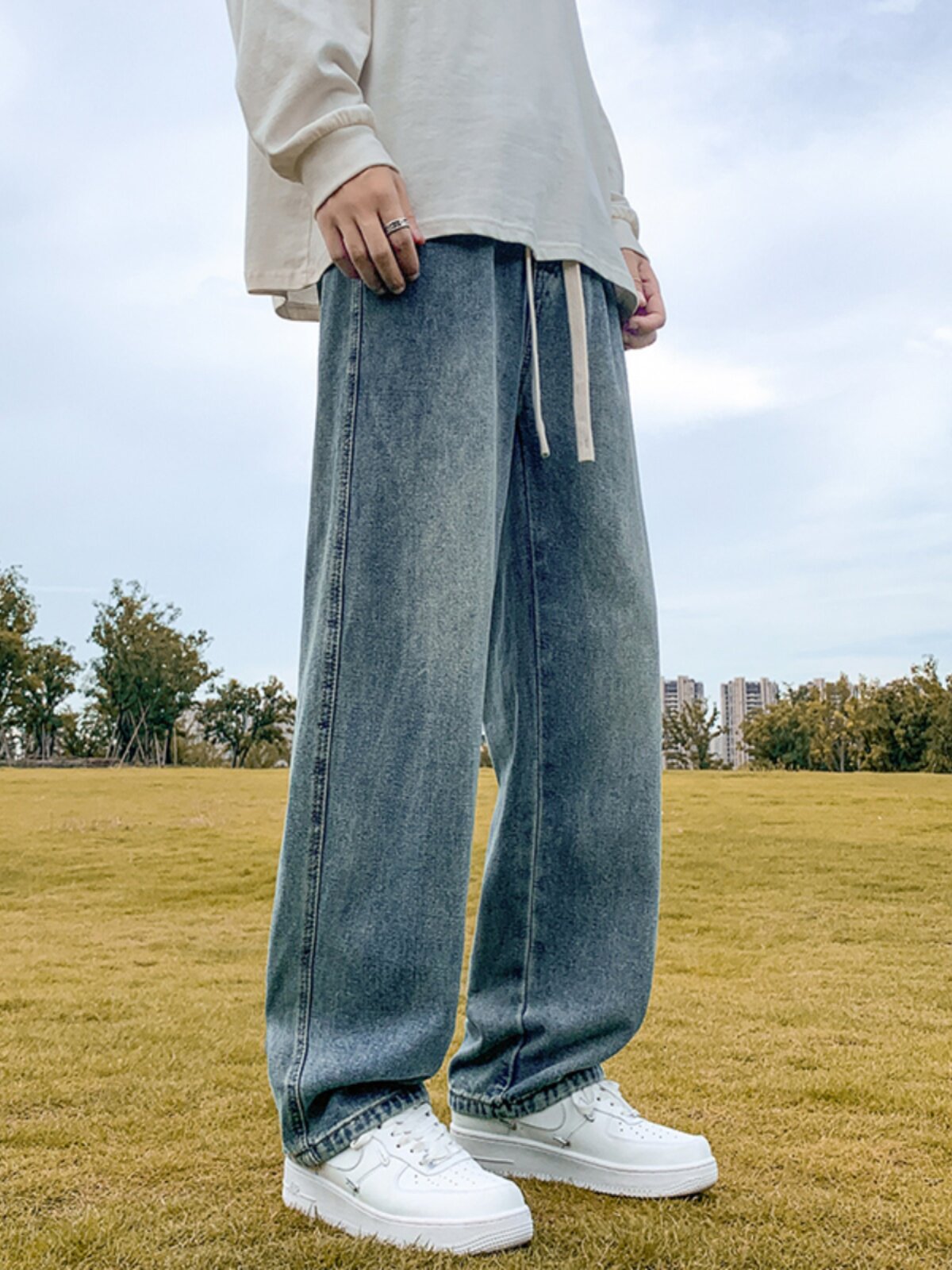 청바지 남성용 새 루즈한 바지 가을 겨울 플러스 벨벳 캐주얼 하이 스트리트 미국 소년 스트레이트 팬츠 두꺼운 바지