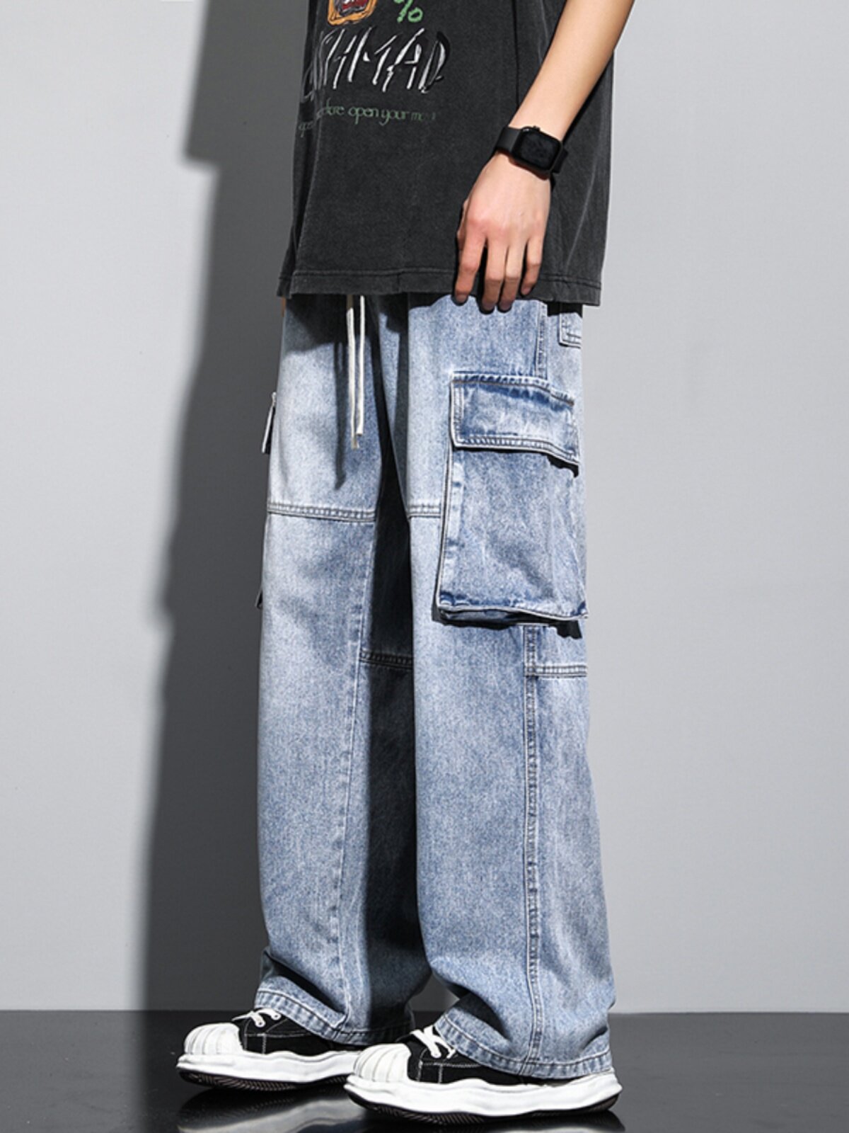 CARGO JEANS MENS VELVET AMERICAN MENS LOOSE STRAIGHT PANTS MENS PANTS AUTUMN AND WINTER NEW CASUAL PANTS