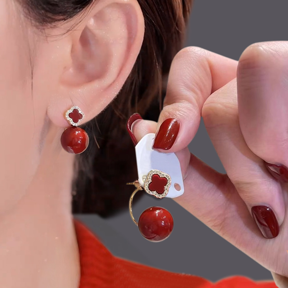 前后戴四叶草红色耳环女2024年新款潮网红爆款耳钉时尚气质女耳饰,饰品/流行首饰/时尚饰品新,耳环,淘宝优惠券,粉丝福利购,淘宝优惠卷