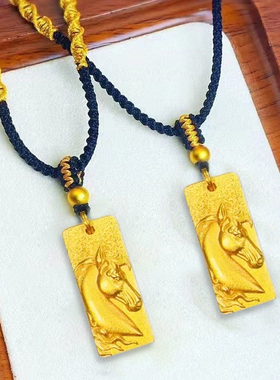 花丝黑绳诸事顺遂马头方牌吊坠项链马生肖毛衣链复古送女友锁骨链