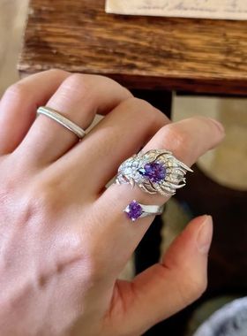 中古风紫色闪钻羽毛戒指vintage轻奢感气质独特尾戒食指指环新款