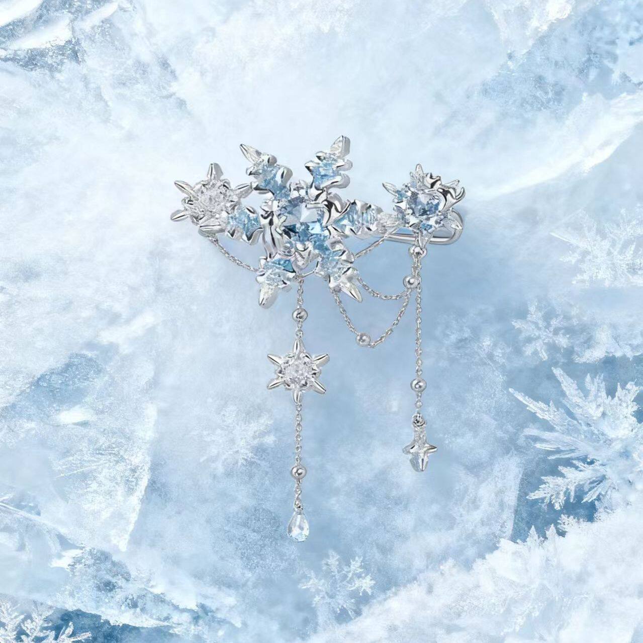 「冰晶碎语」雪落星锤元素装饰雪花胸针链条轻奢优雅流苏设计配饰