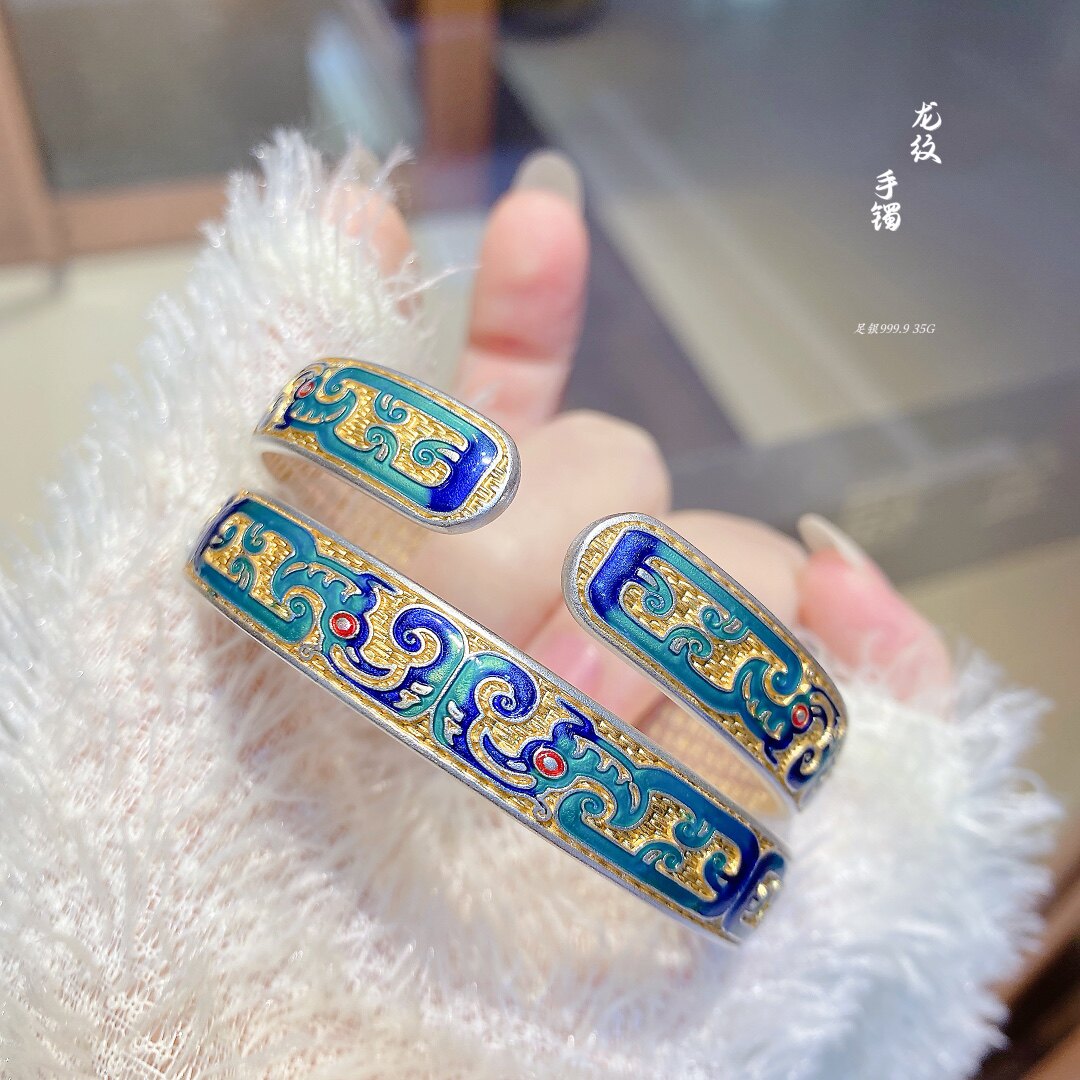 足银999珐琅彩龙纹开口手镯